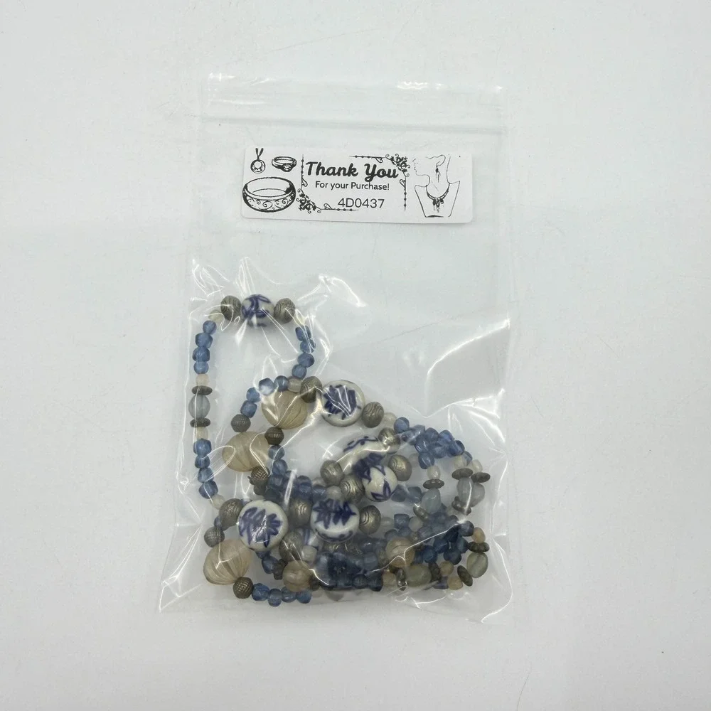 Blue White Porcelain Floral Bead Necklace Carved Acrylic Boho Statement Gift
